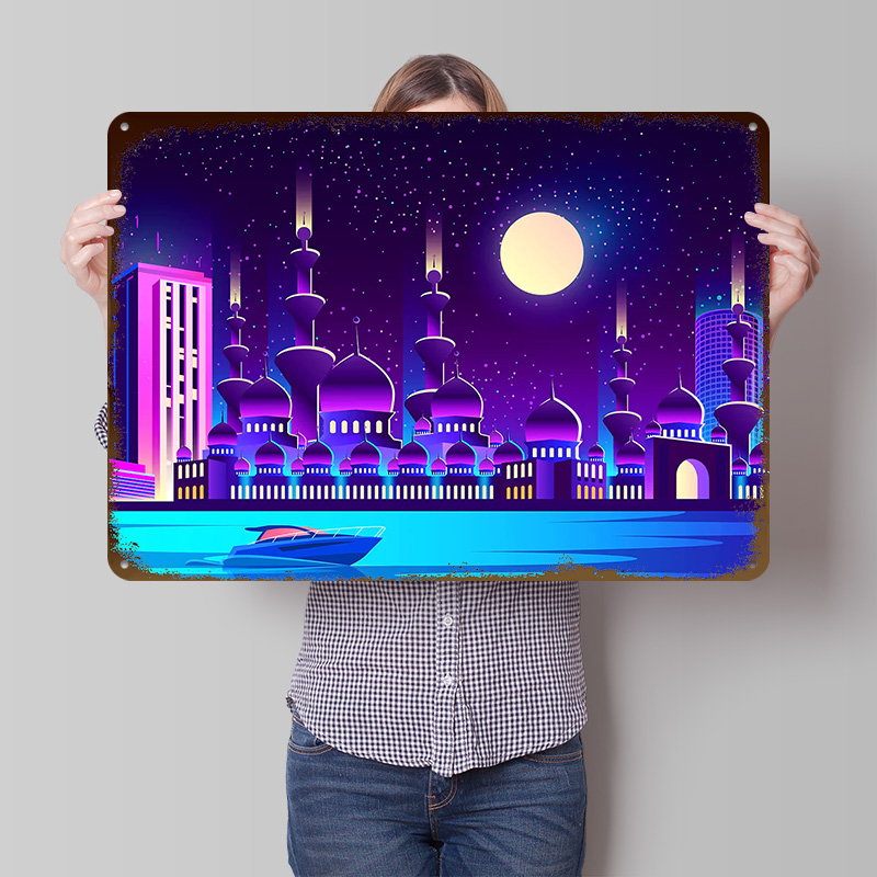 Home Office Dubai - Póster Metálico Synthwave Ciudad Neón Dubái,